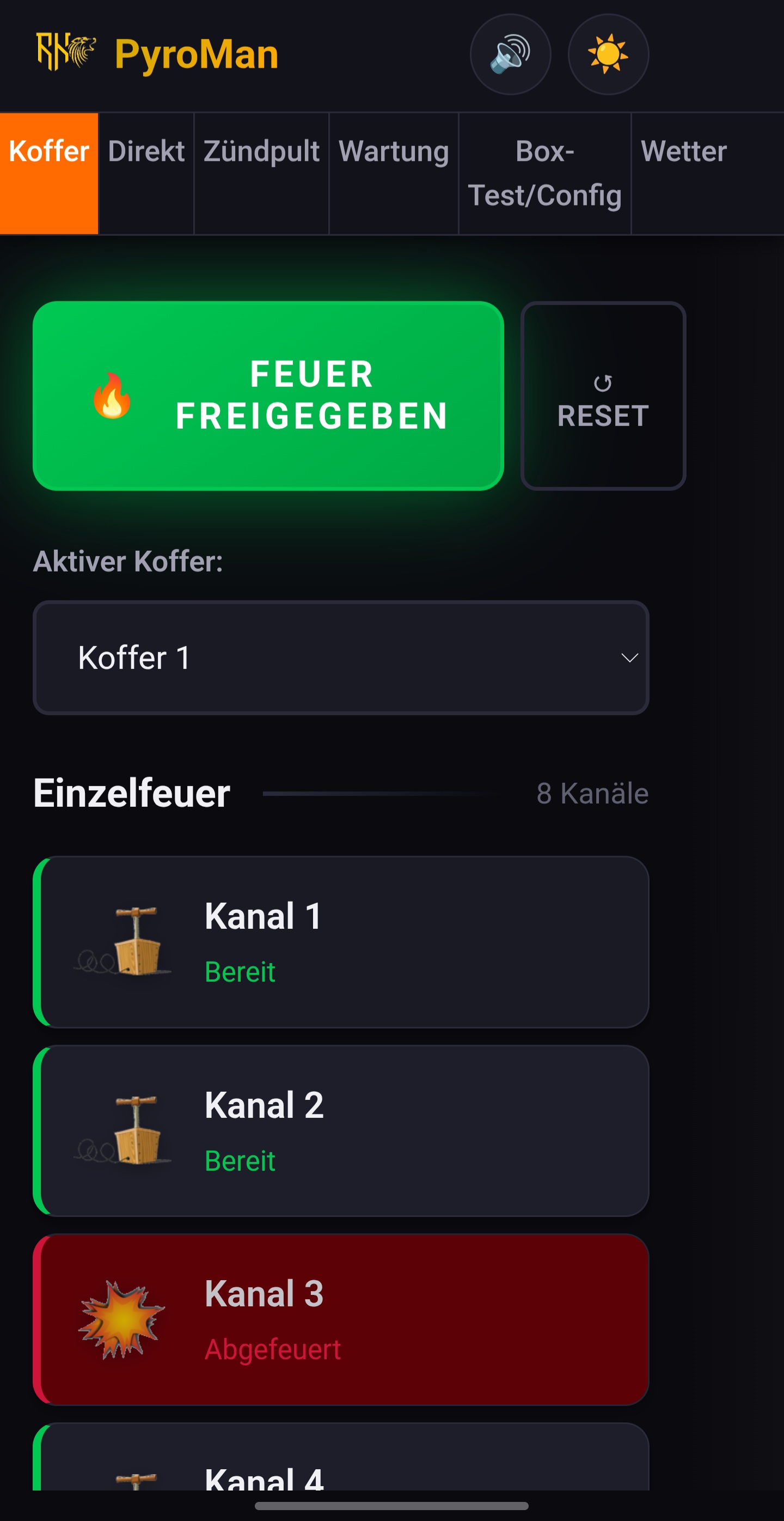 PyroMan Steuerung — Feuerbereit, Kanal 3 gezündet